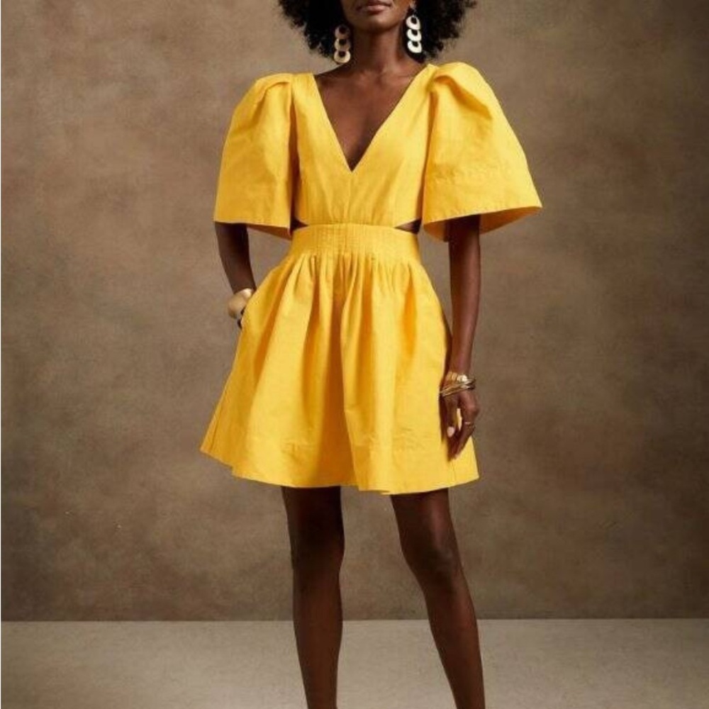 Banana Republic Yellow Puff Sleeve Open Back Mini Dress
